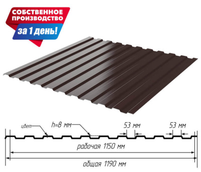 Профнастил (профлист) С-8 RAL8017 Шоколад 0.50мм ГОСТ ширина 1.19(1,15)м с размерами профиля