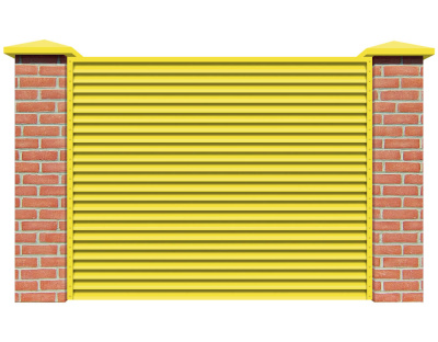 Секция забора жалюзи из ламелей Жалюзи ЭКО-Z RAL1018 Желтый с кирпичными столбами анфас